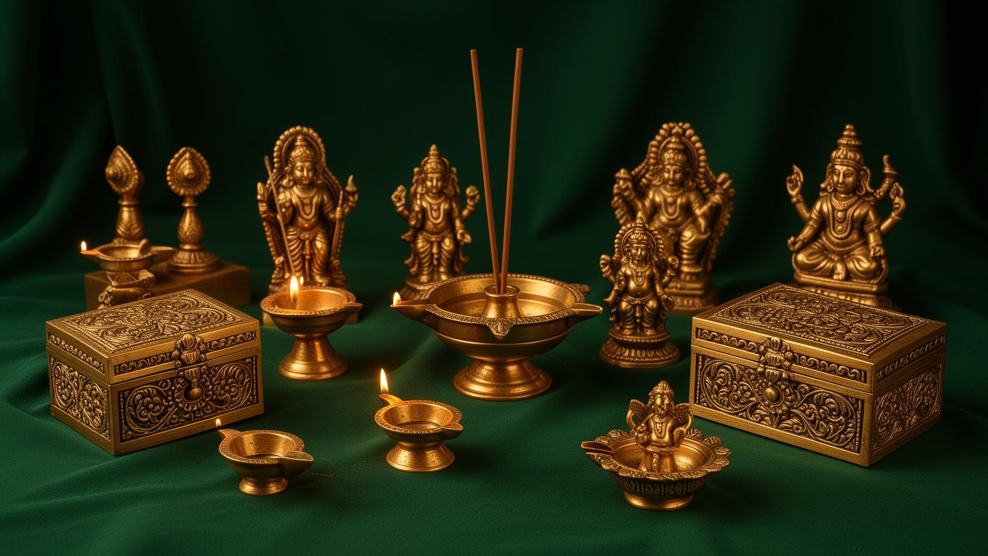 Traditional Indian brass handicraft collection with decorative oil lamps, incense holders, small statues, and engraved boxes on dark green fabric