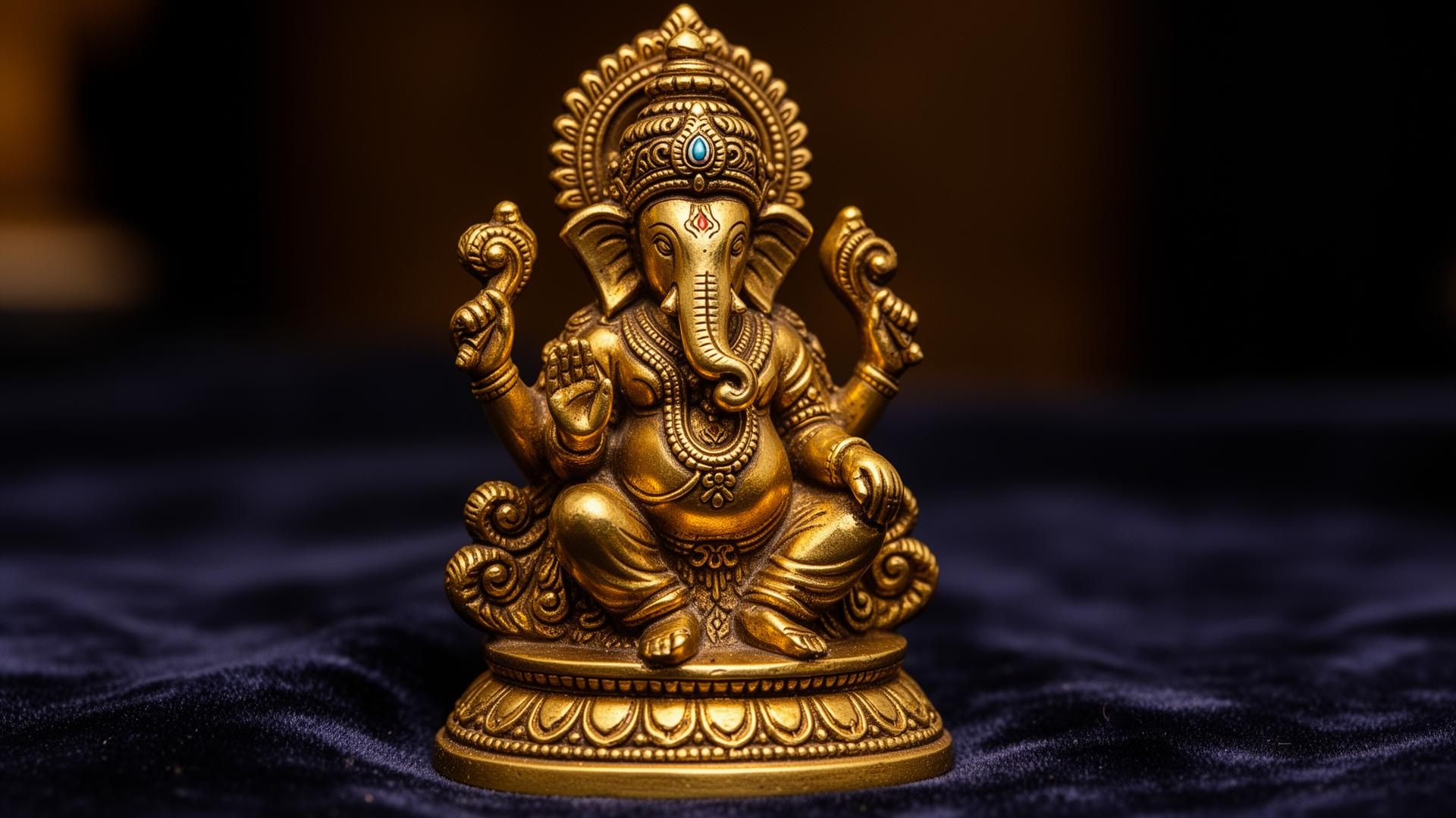 Intricately handcrafted Indian brass deity statue with detailed engravings and warm golden patina on dark velvet, artisan metal handicraft