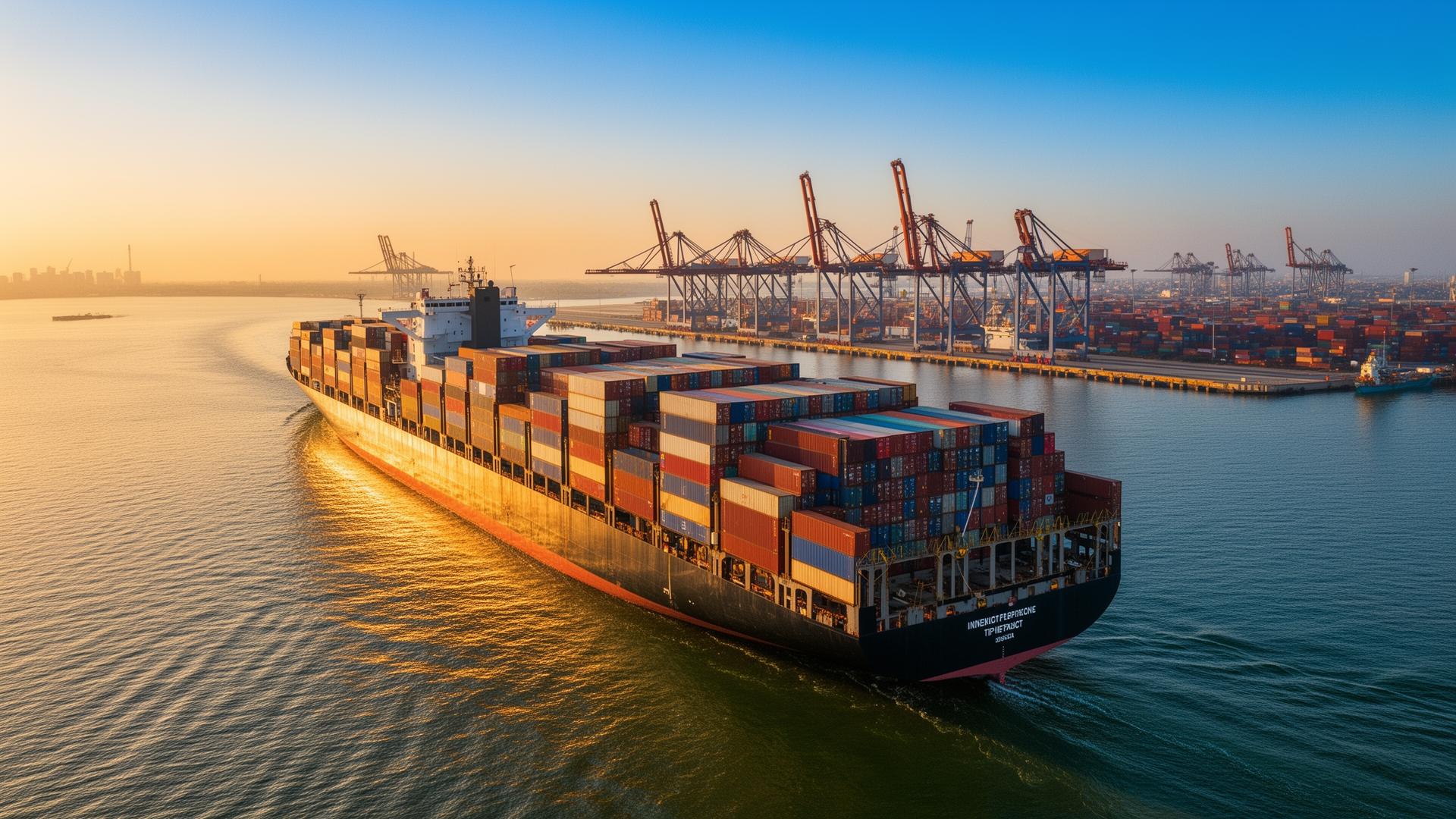 Large international cargo container ship loaded with colorful shipping containers departing from Indian port at golden sunset, global export logistics