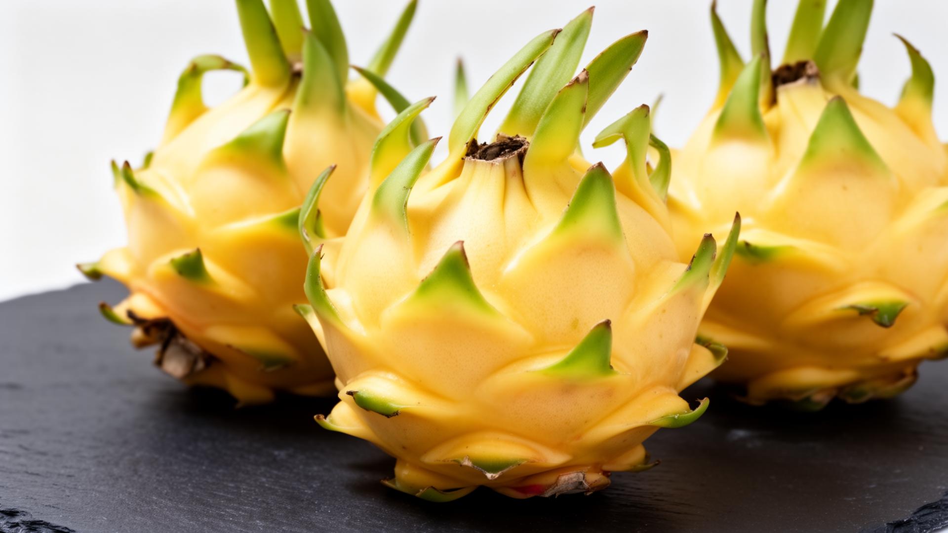 Elegant white dragon fruits with fresh green tips arranged on dark slate surface, premium exotic tropical fruit export quality