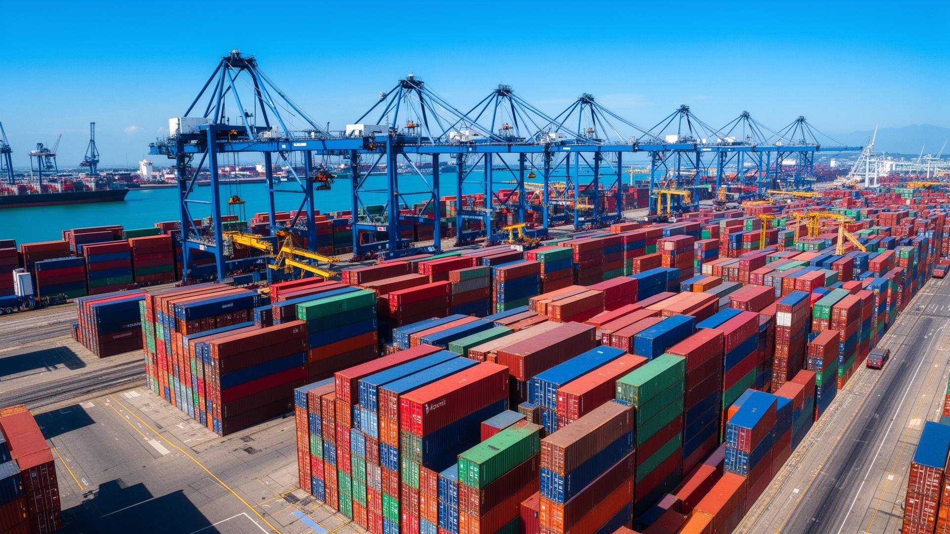 Colorful shipping containers being loaded by gantry cranes at a busy international seaport terminal under blue sky
