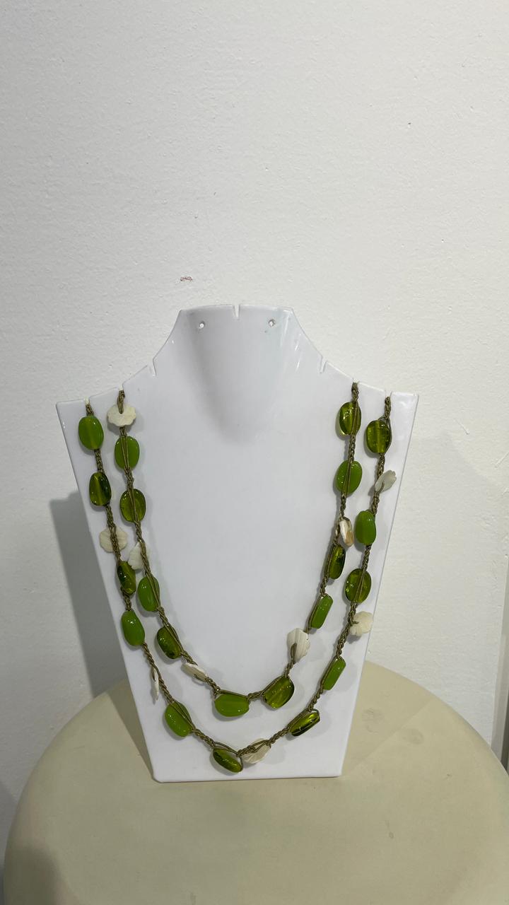 Olive Glass & Shell Long Chain